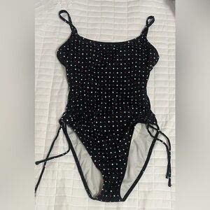 Raisins One Piece Polkadot Swimsuit Low Back Black White Red Teal Size L